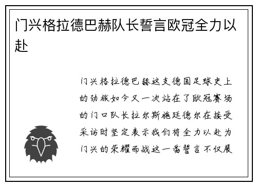 门兴格拉德巴赫队长誓言欧冠全力以赴