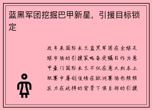 蓝黑军团挖掘巴甲新星，引援目标锁定